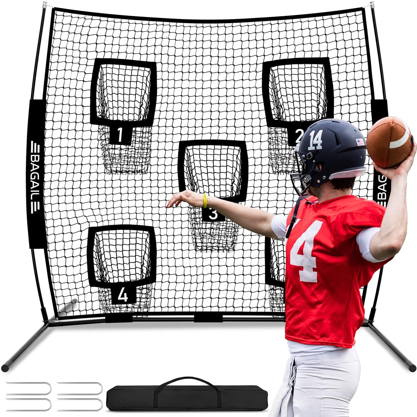 BAGAIL Football Throwing Net - 9 Target Pockets, Easy Setup, Heavy-Duty - Portable QB Accuracy Trainer, Fun Target Practice Net for Football with Carry Bag
