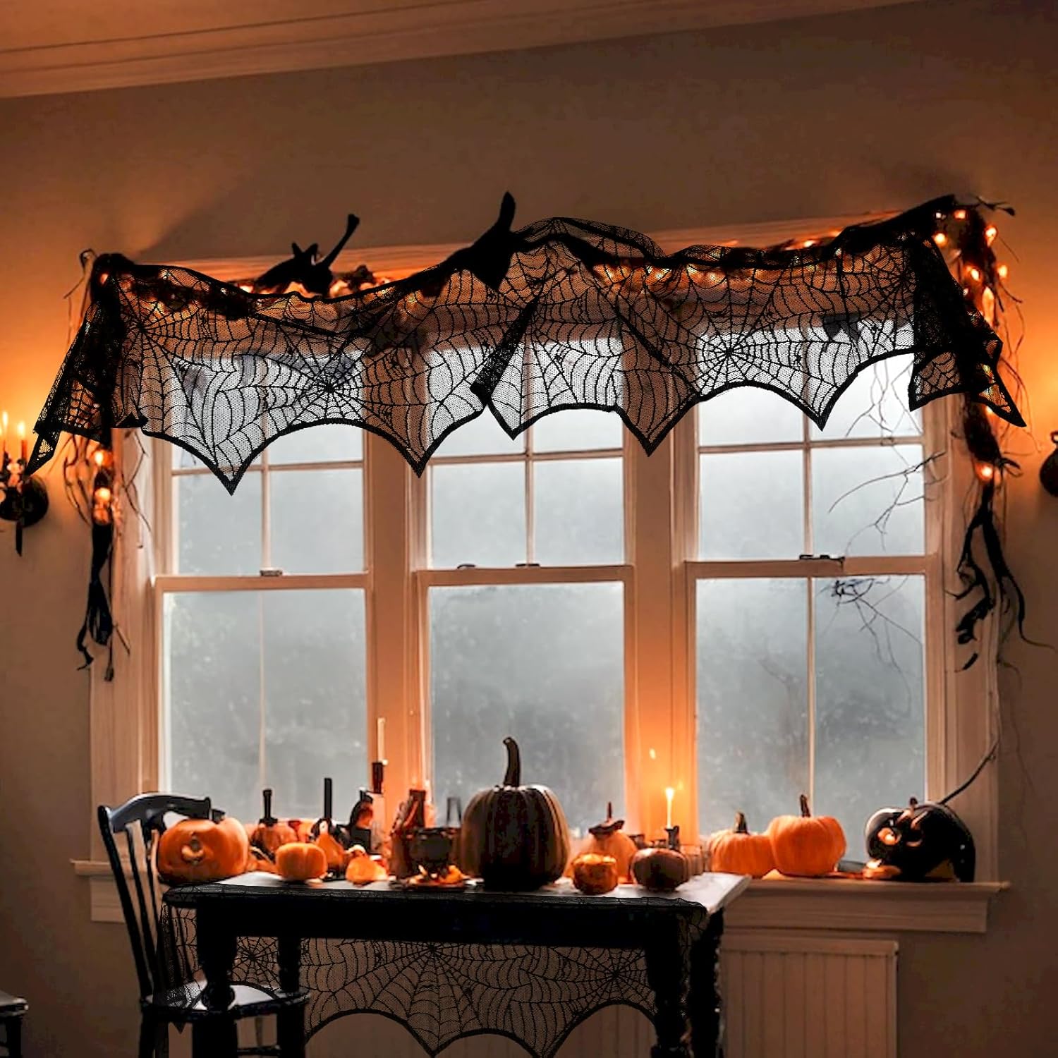 Halloween Mantle Scarf Fireplace Cover 18 x 96 inch Black Lace Cobweb Fireplace Mantle Scarf Cover for Halloween Decorations Festive Party Supplies Decor
