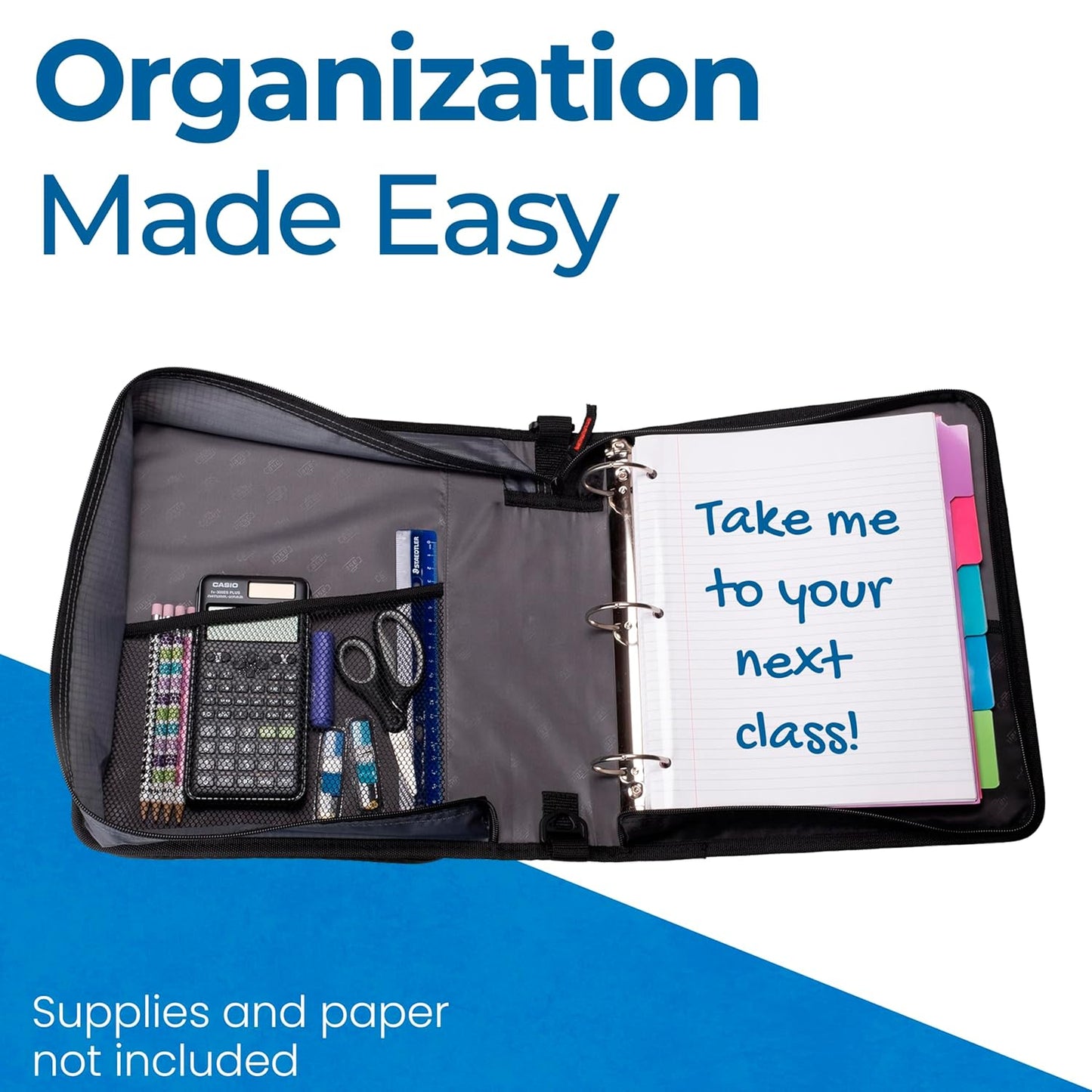Case-It 2 Inch 3 D-Ring Zipper Binder with Padded Laptop Case Workstation, Shoulder Strap, LT-117, Black