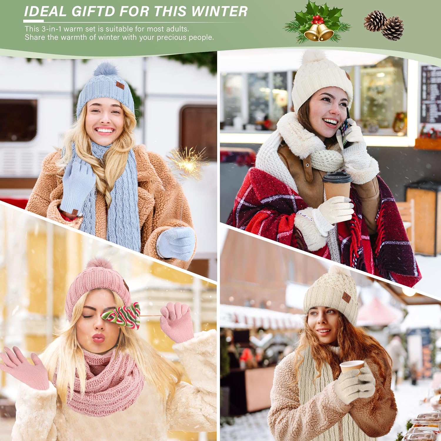 Womens Winter Beanie Hat Touchscreen Gloves Long Neck Scarf Set Warm Knit Caps with Pom Fleece Gifts for Women