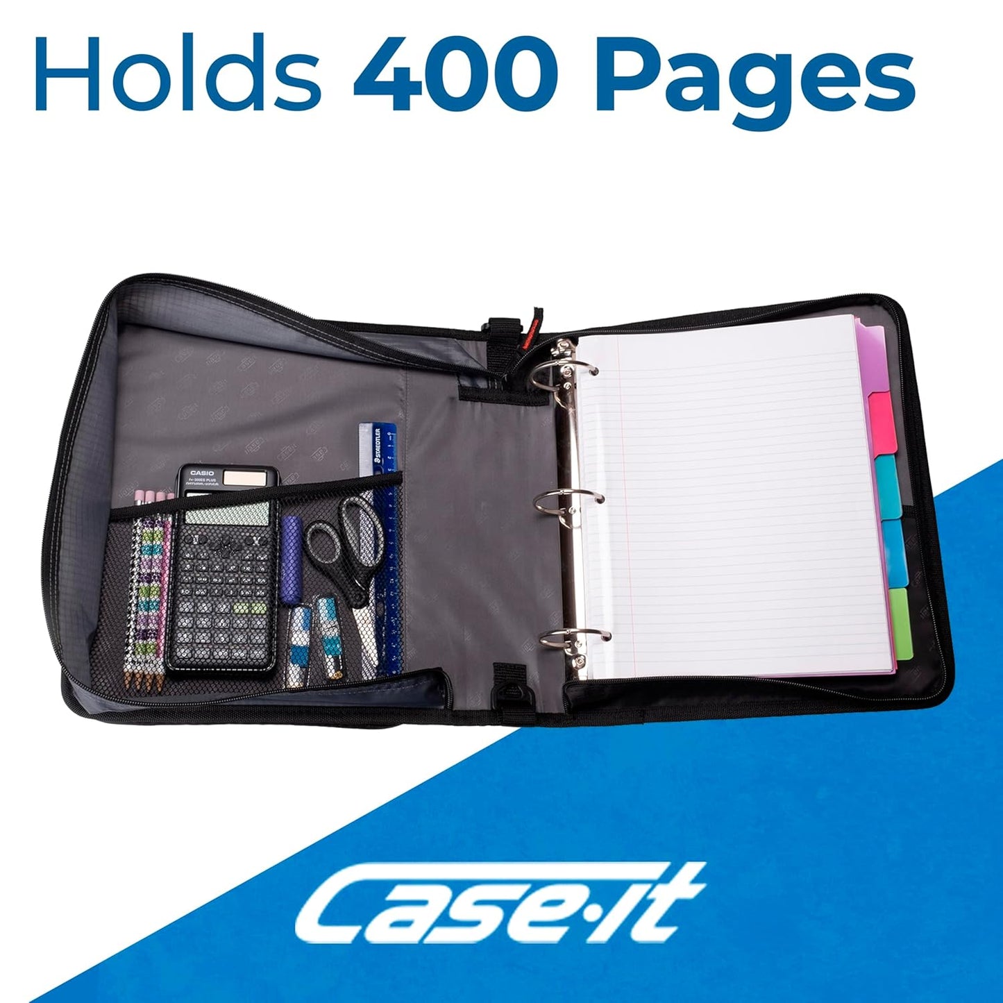 Case-It 2 Inch 3 D-Ring Zipper Binder with Padded Laptop Case Workstation, Shoulder Strap, LT-117, Black