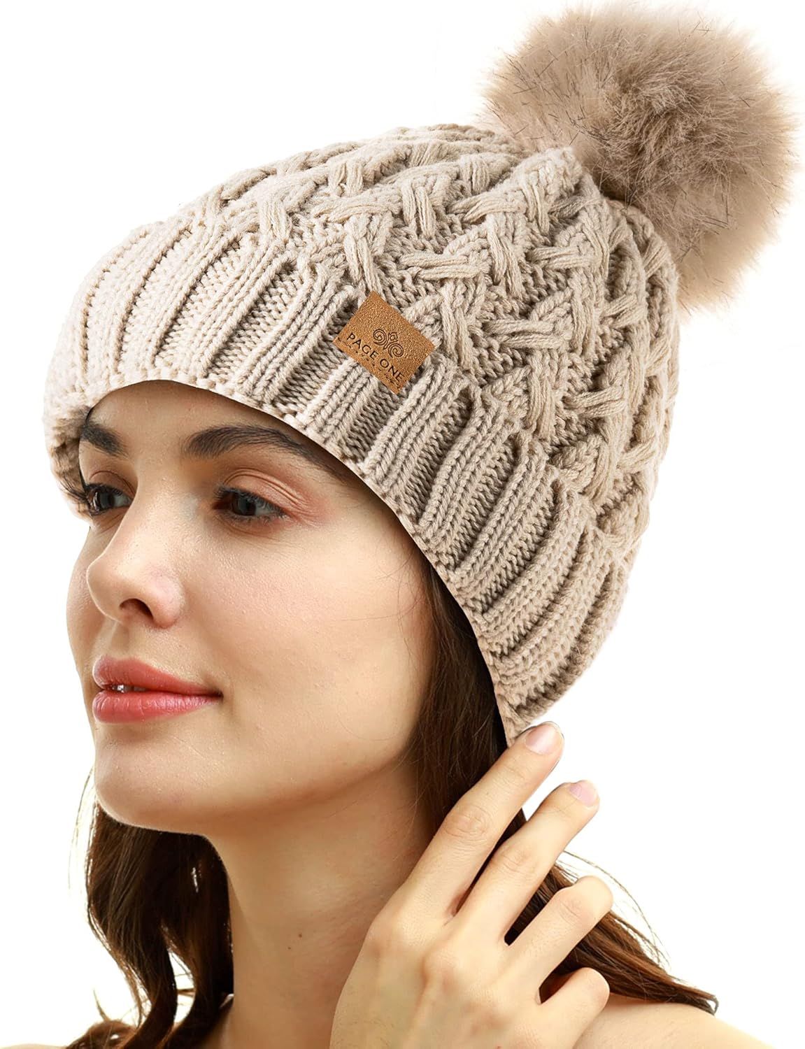 PAGE ONE Womens Winter Ribbed Beanie Crossed Cap Chunky Cable Knit Pompom Soft Warm Hat