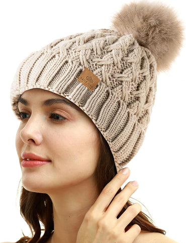 PAGE ONE Womens Winter Ribbed Beanie Crossed Cap Chunky Cable Knit Pompom Soft Warm Hat