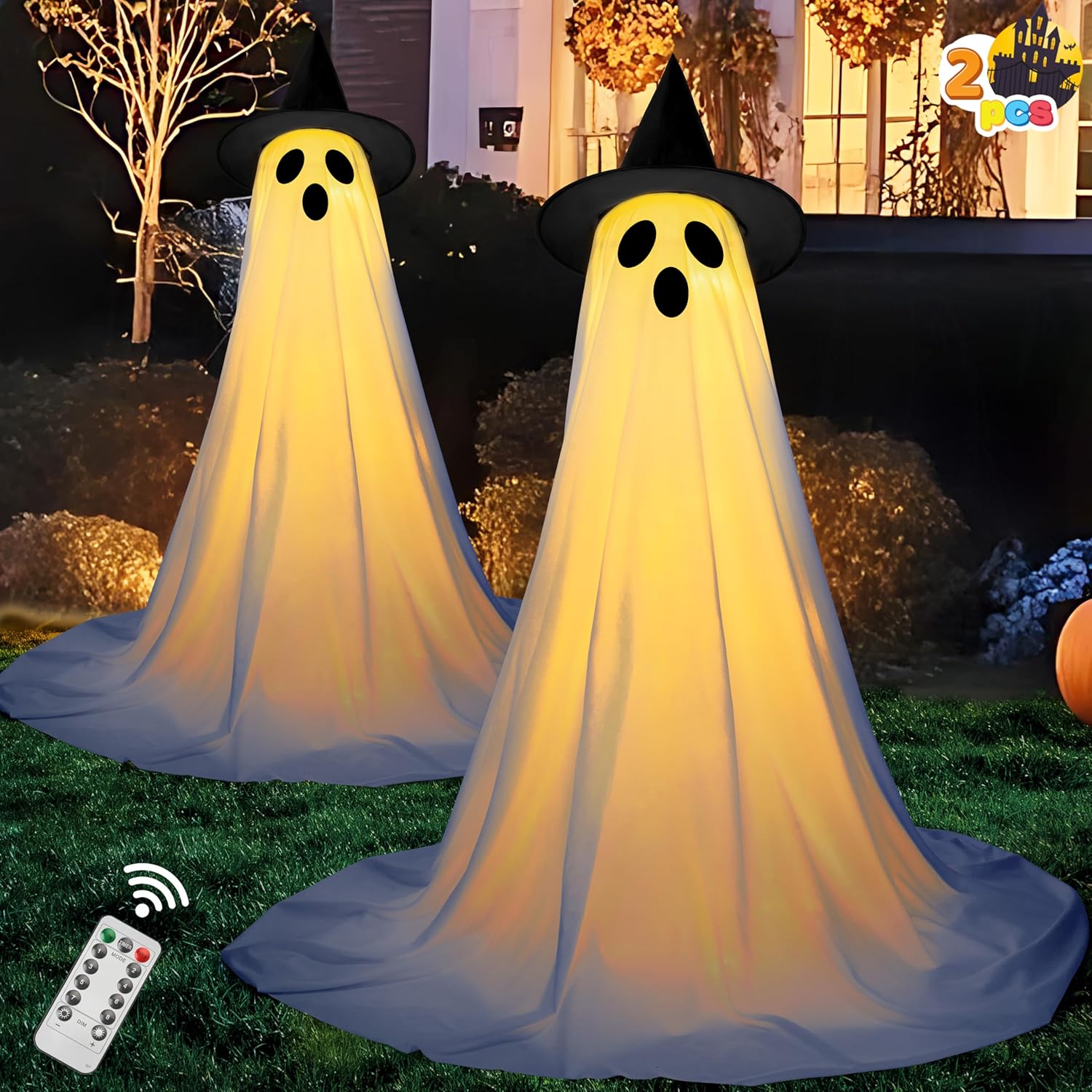 JOYIN 2 Packs 47'' Halloween Decorations Outdoor Standing Ghost, Light Up Spooky Ghost with Witch Hat & Remote Control, Glowing Halloween Decor for Yard Porch Lawn Garden Party Supplies Haunted House