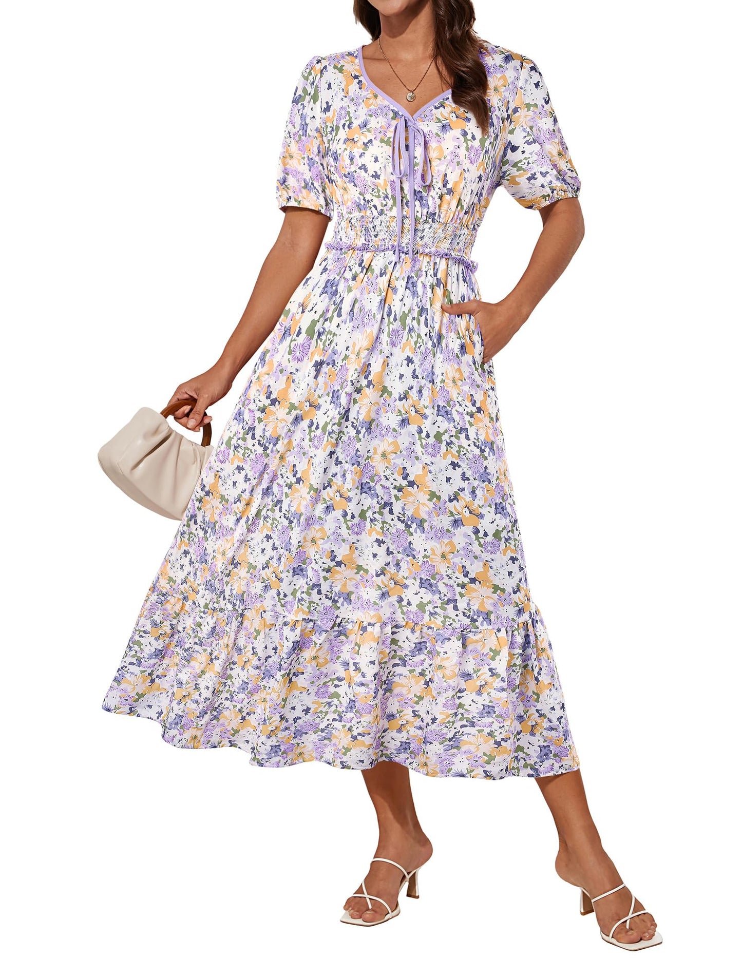 GRACE KARIN 2025 Women's Summer Floral Flowy A Line Midi Dresses Elegant Short Sleeve Smocked V-Neck Tiered Dresses