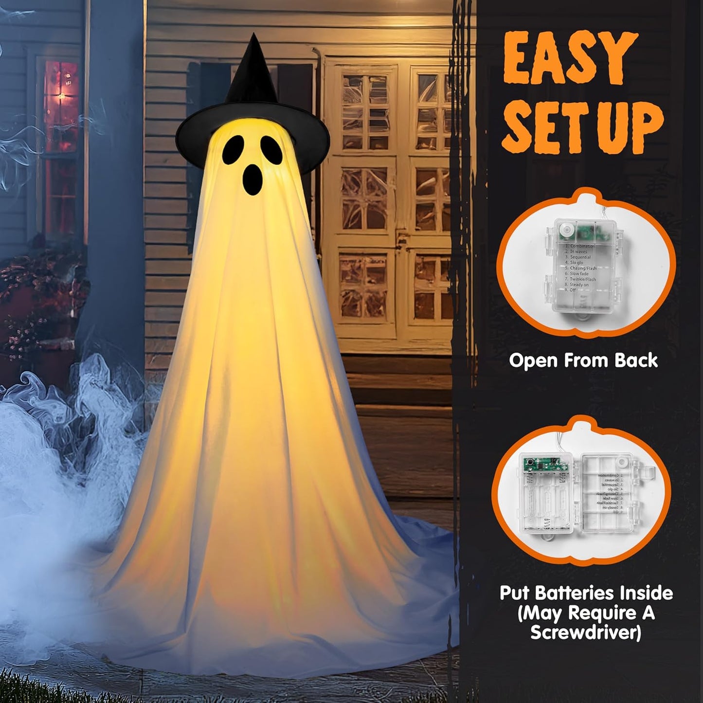 JOYIN 2 Packs 47'' Halloween Decorations Outdoor Standing Ghost, Light Up Spooky Ghost with Witch Hat & Remote Control, Glowing Halloween Decor for Yard Porch Lawn Garden Party Supplies Haunted House