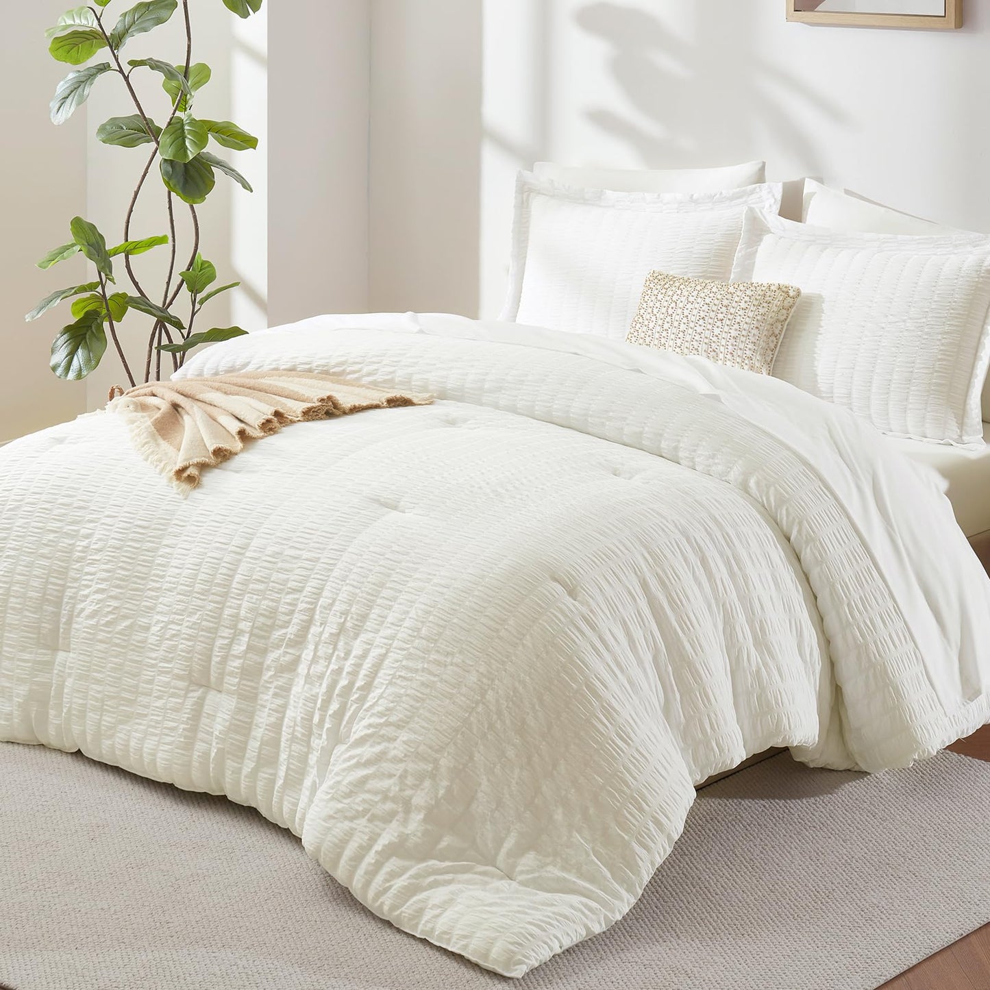 CozyLux Queen Comforter Set White Seersucker 7 Pieces Bed in a Bag Queen Comforter Set with Sheets, Luxury Soft Bedding Set with Down Alternative Comforter, Sheets, Pillowcases & Shams for All Seasons