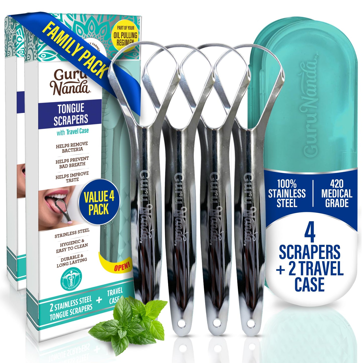 GuruNanda Tongue Scraper for Adults (2 Pack) with Travel Case, 420 Medical-Grade 100% Stainless Steel Tongue Cleaner, Aids in Fresh Breath & Oral Care