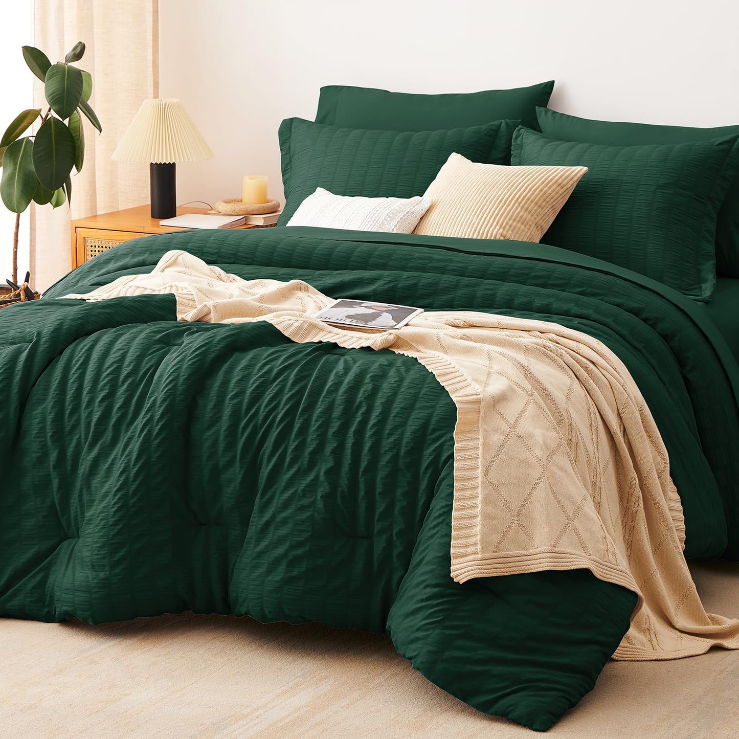 CozyLux Queen Comforter Set White Seersucker 7 Pieces Bed in a Bag Queen Comforter Set with Sheets, Luxury Soft Bedding Set with Down Alternative Comforter, Sheets, Pillowcases & Shams for All Seasons