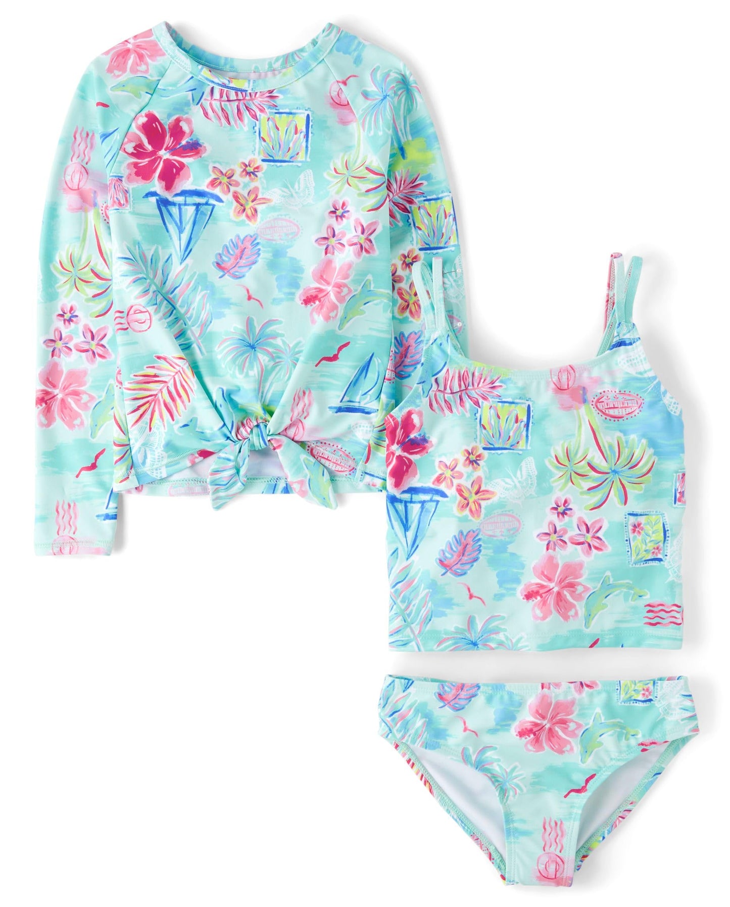The Children's Place Girls' Long Sleeve Rashguard and Tankini Swimsuit, 3 Piece Set