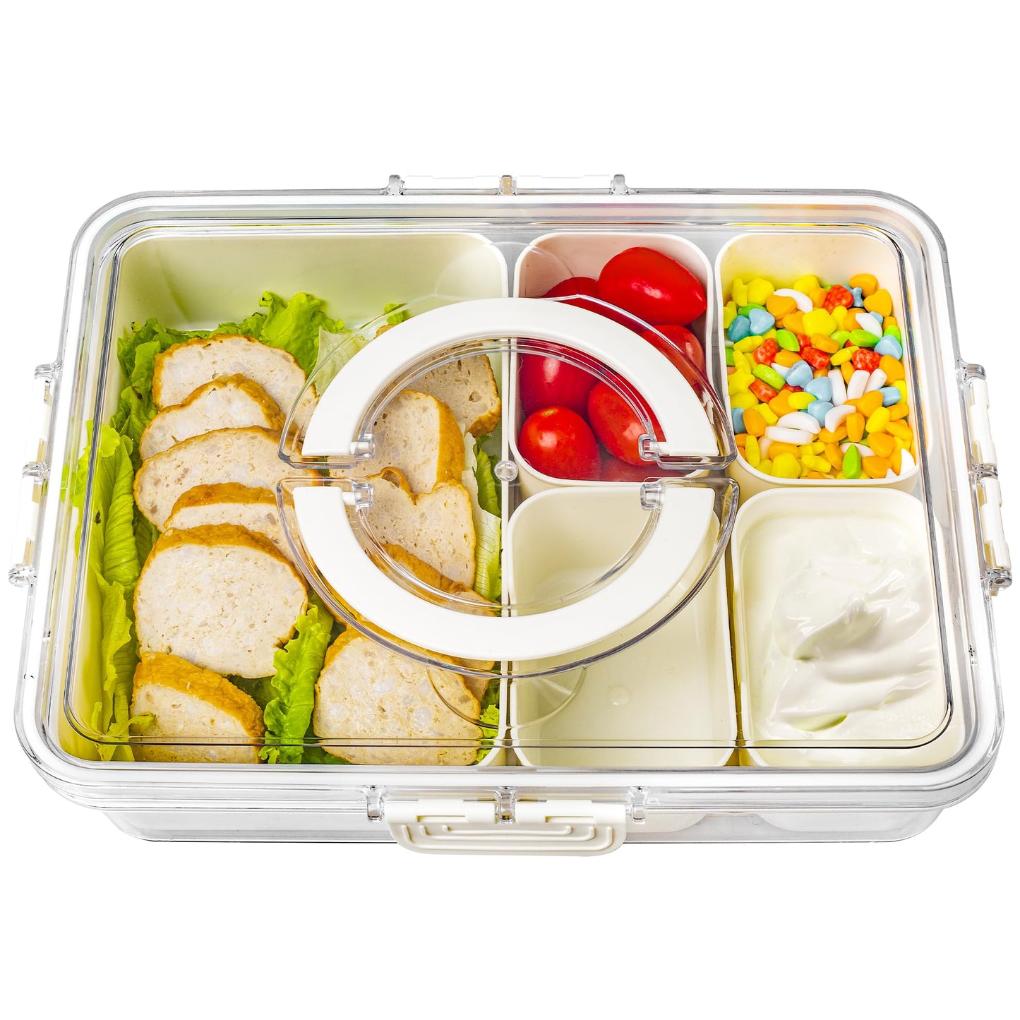 Bandesun Divided Serving Tray with Lid and Handle - Snackle Box Charcuterie Container for Portable Snack Platters - Clear Organizer for Candy, Fruits, Nuts, Snacks - Perfect for Party, Entertaining