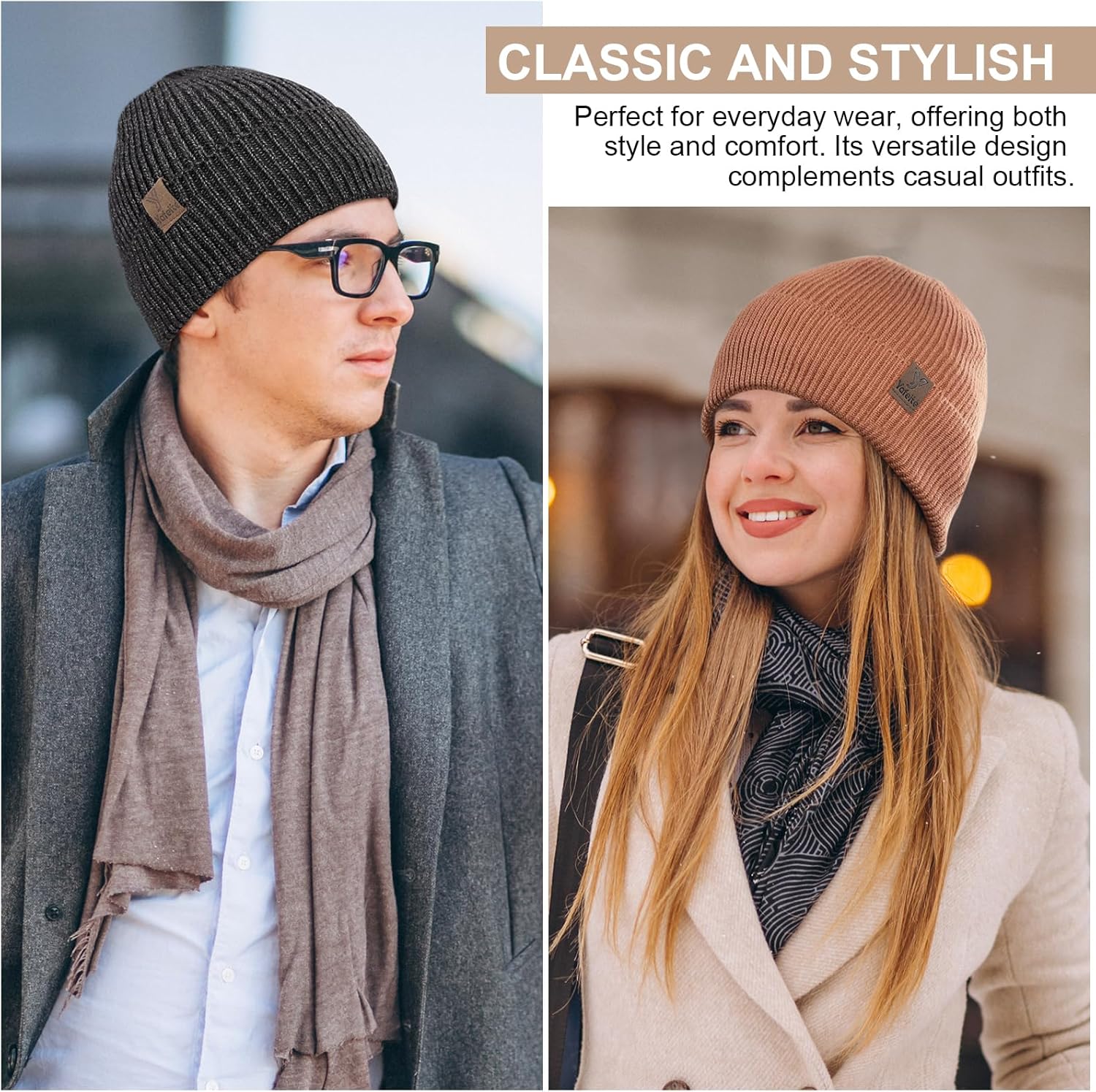 Winter Beanies Hats for Men Women, 2-Pack Soft Fleece Lined Beanie, Insulated Ski Stocking Cap for Cold Weather
