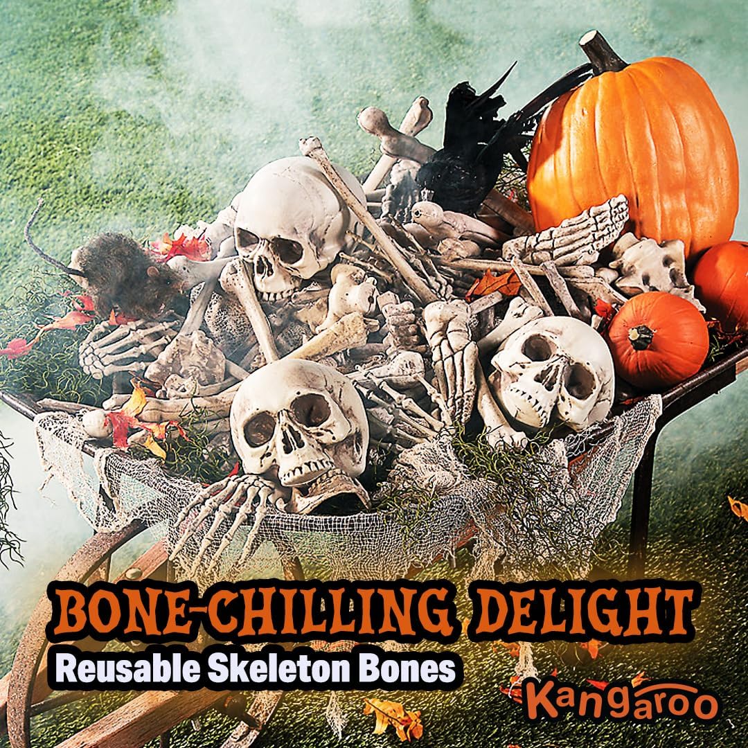Kangaroo Halloween Skeleton Decor Bones 30 Pieces Bulk - Large Bag of Plastic Bones for Outdoor Yard Decoration - Scary Graveyard Fake Skulls and Bones