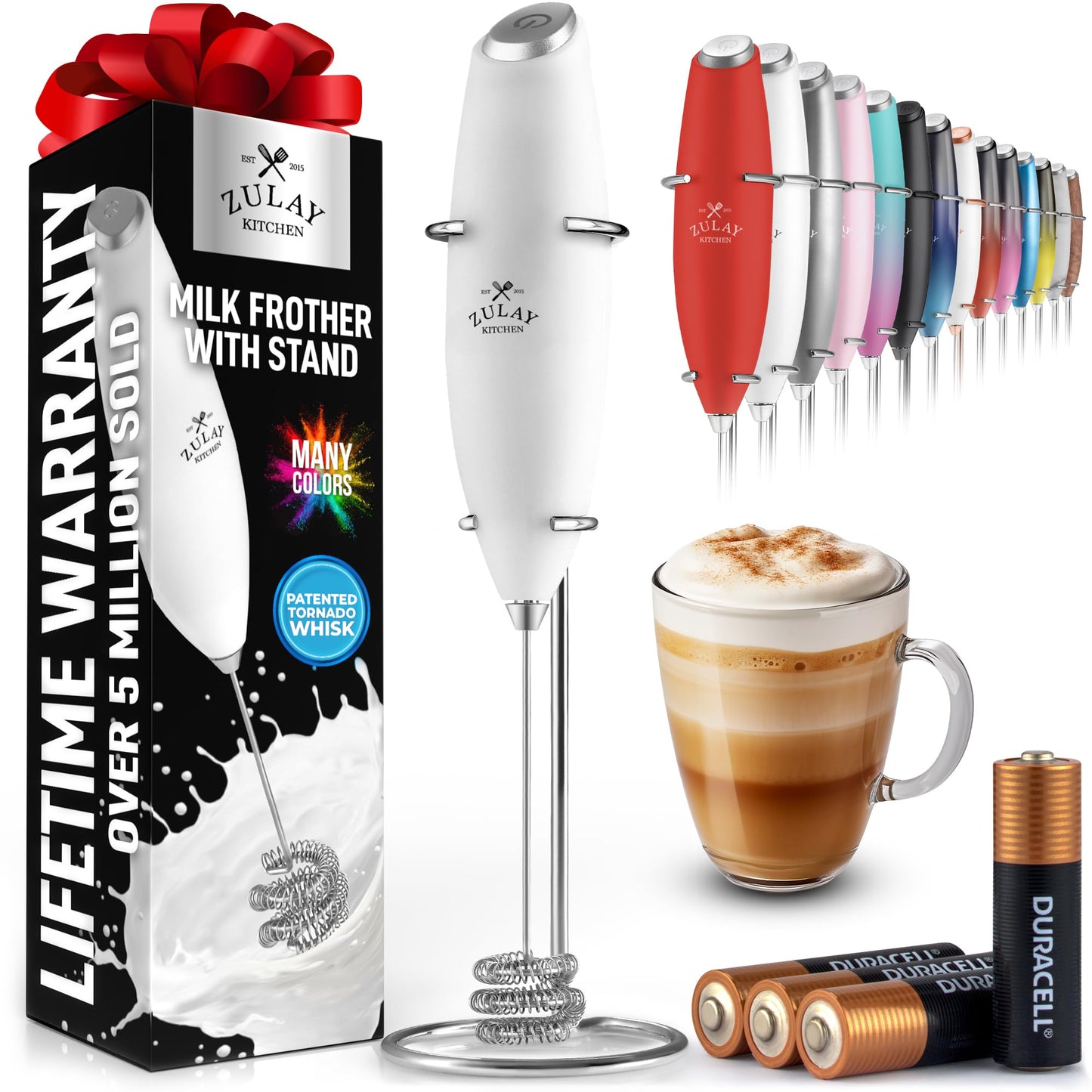 Zulay Kitchen Powerful Milk Frother Wand With 2 Duracell Batteries - Ultra Fast Handheld Drink Mixer - Electric Whisk Foam Maker for Coffee, Lattes, Cappuccino, Matcha, Hot Chocolate & Creamer - Black