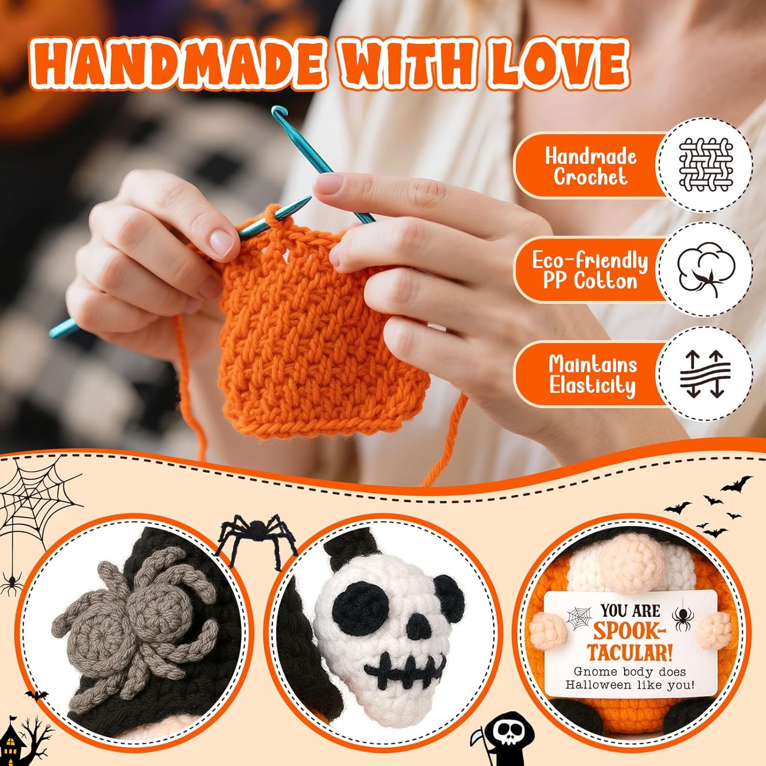 Halloween Gnomes Boo Basket Stuffer Gifts for Women Men Him, Mini Gnome with Skull Spider Halloween Treats Non Candy Gift for Friends Teacher Teen Girls Coworkers, Crochet Basket Ghost Office Decor