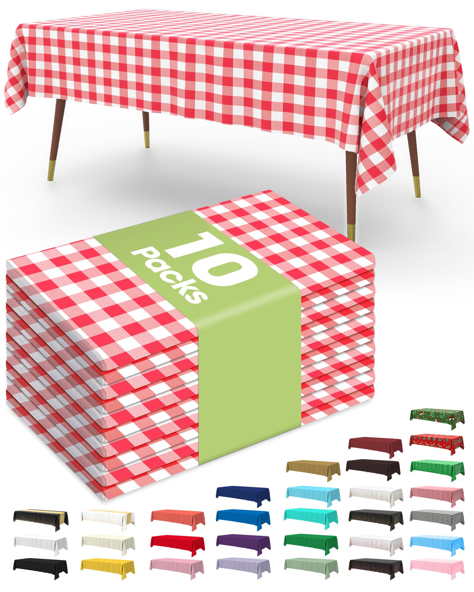 Pureegg Plastic Table Cloth Disposable 10 Pack, 54 x 108 Inch Table Cloths, Party, Picnic, Wedding, Decorative Tablecloths, Rectangle, White Plastic Cover, Leakproof & Sturdy, White