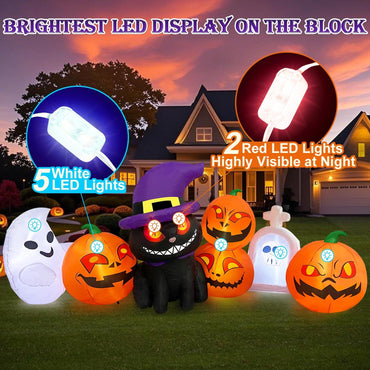 MICOCAH Halloween Inflatables Outdoor Decorations 8 FT Long Funny Pumpkin Black Cat Blow Up Lanterns Built-in LED Lights with Ghost Tombstone Scary Yard Decoration for Holiday Party Outside Lawn