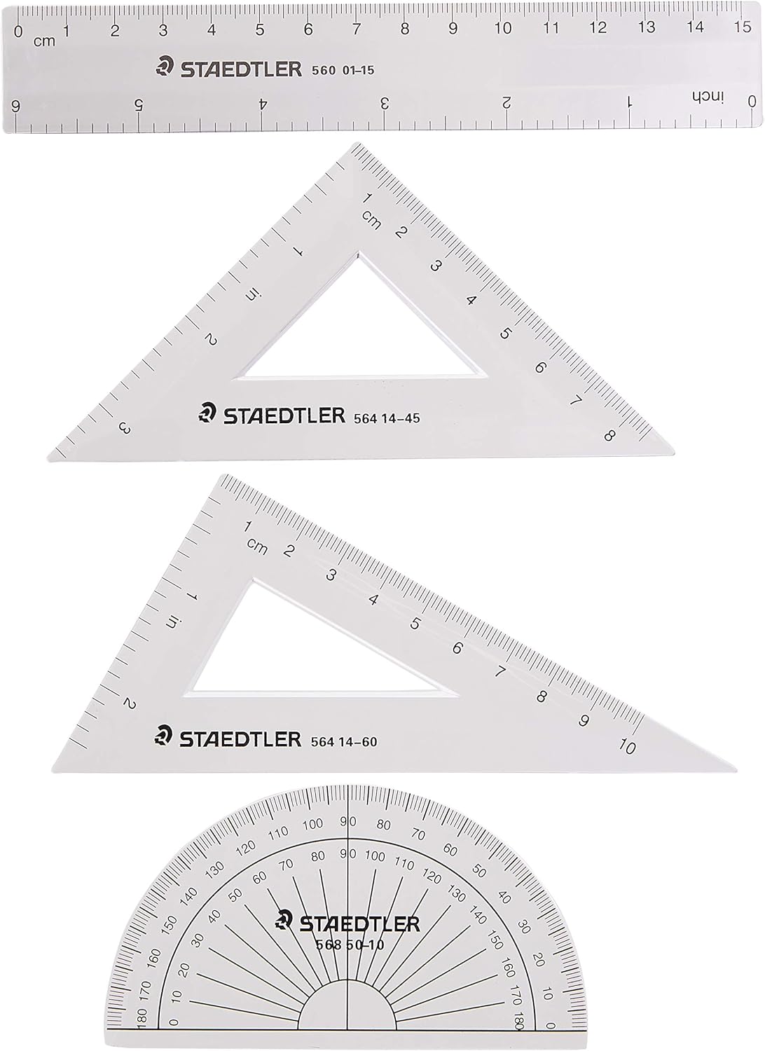 STAEDTLER Math Set - 4 pc Geometry Kit for Students - School Supplies with Clear Protractor, 6in Ruler & 2 Triangles – Metric & Imperial Scales