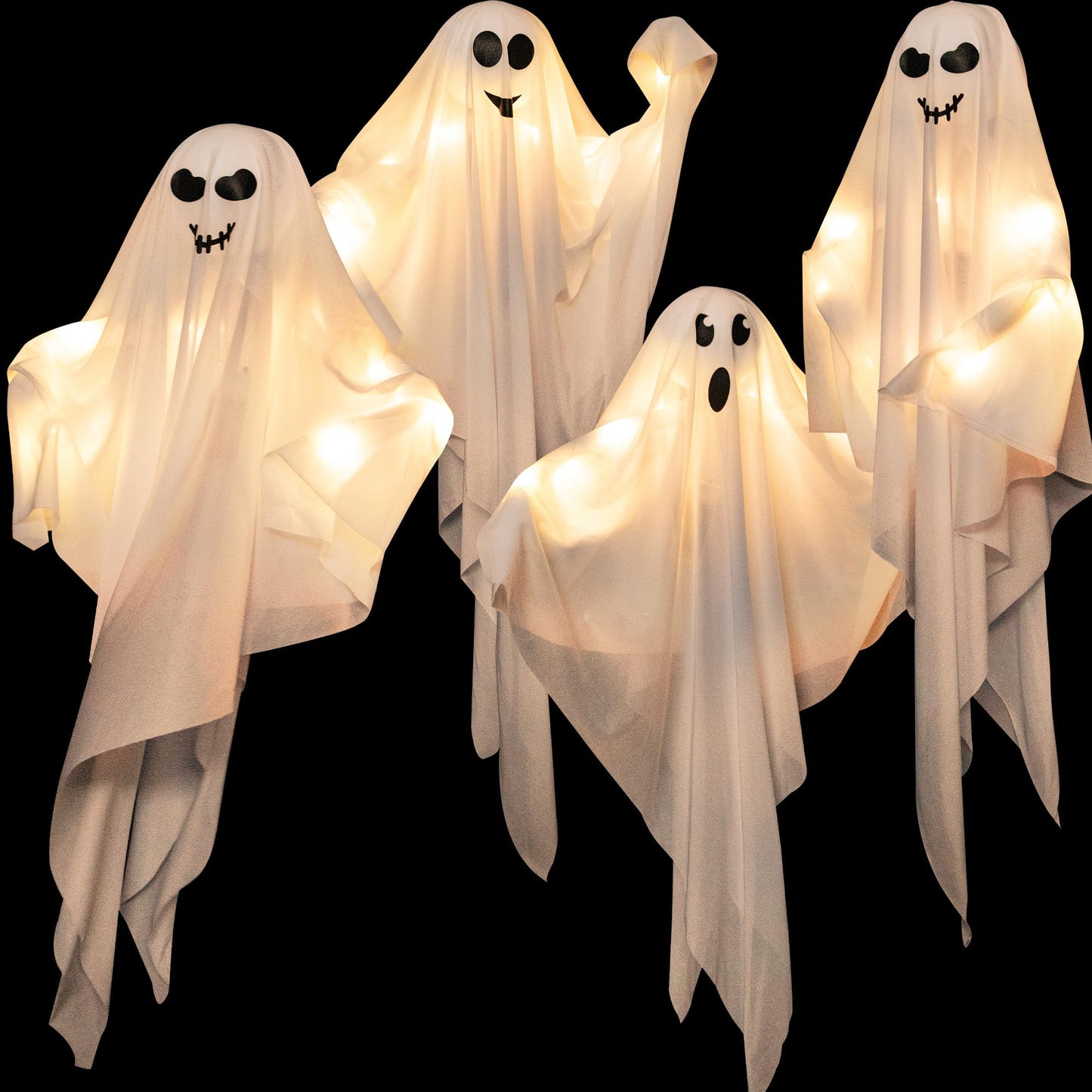 4 Pack Halloween Hanging Ghost Decorations, 27.5" Light Up Spooky Floating Ghosts with Blue LED, Outdoor & Indoor Haunted House, Porch, Yard, Party Decor, Patio Lawn Garden
