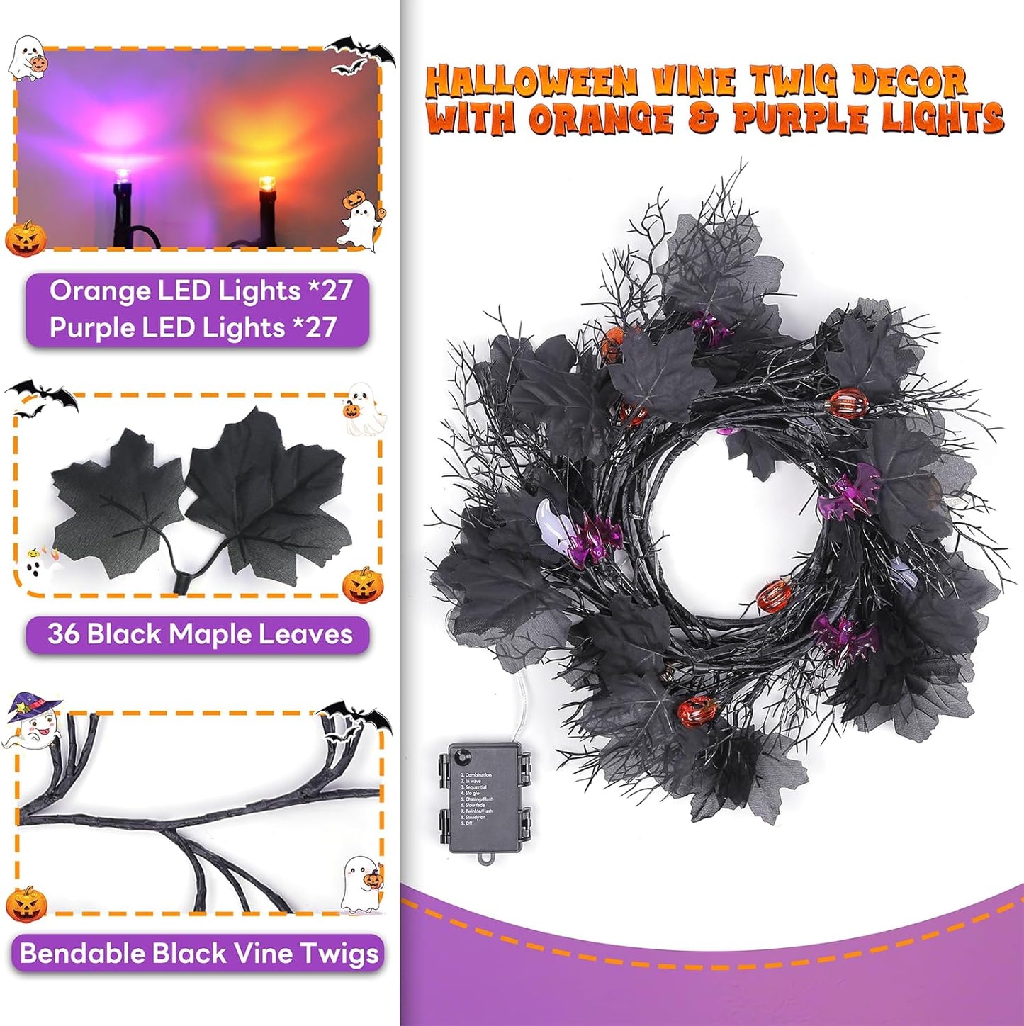 kuaima Halloween Light up Garland with 54 Purple and Orange LED Lights, 6.56 FT Lighted Willow Vine Twig Battery Operated for Indoor Decor, 8 Modes with Timer Function