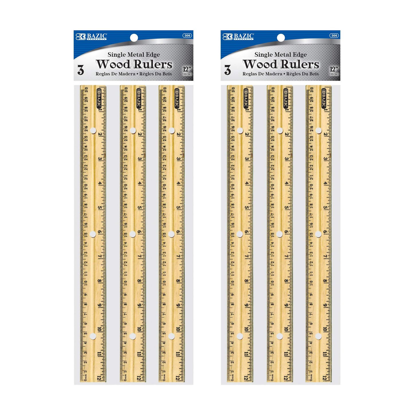 BAZIC Wooden Ruler 12" (30cm), Singel Metal Edge, Inches Centimeter Metric Measuring Drafting Rulers, for Students School Supplies (3/Pack), 1-Pack