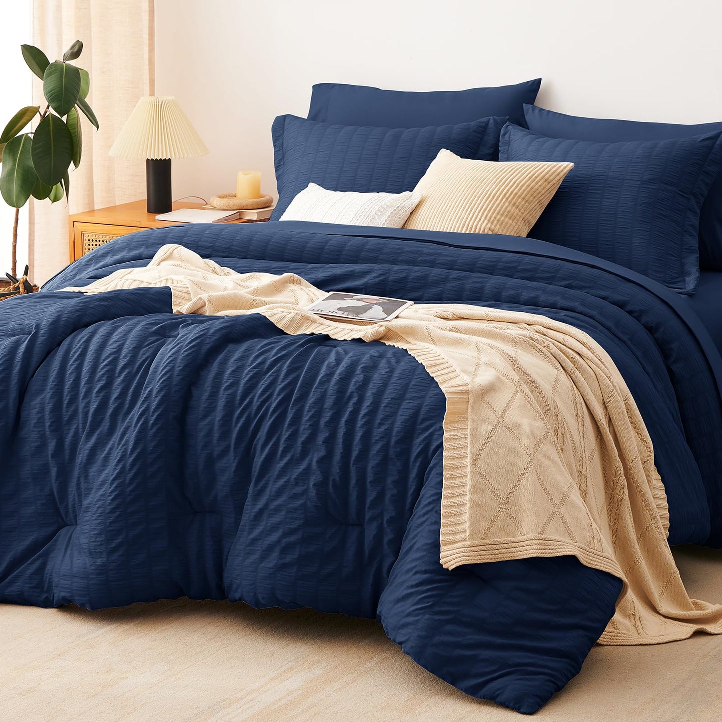 CozyLux Queen Comforter Set White Seersucker 7 Pieces Bed in a Bag Queen Comforter Set with Sheets, Luxury Soft Bedding Set with Down Alternative Comforter, Sheets, Pillowcases & Shams for All Seasons