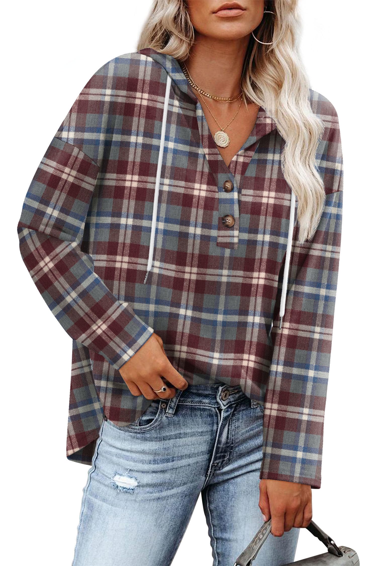 RUMIA Womens Tops V Neck Button Sweatshirt for Women Pullover Long SLeeve Shirts Fall Outfits 2025 Loose Fit S-3XL