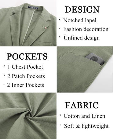 PJ PAUL JONES Mens Blazer Casual Cotton-Linen Sport Coat Lightweight 2 Button Unlined Suit Jackets