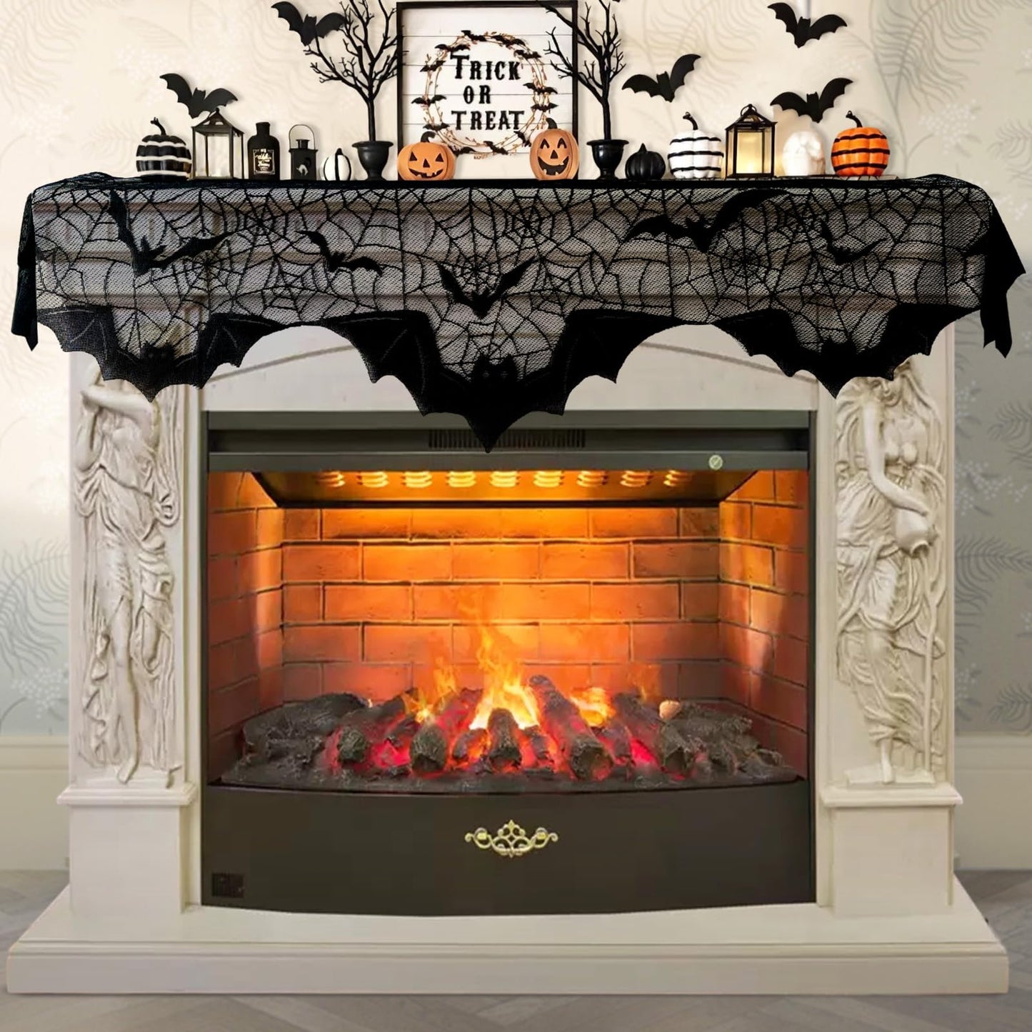 AerWo Halloween Decoration Black Lace Spiderweb Fireplace Mantle Scarf Cover Festive Party Supplies 45 X 243cm 18 x 96 inch