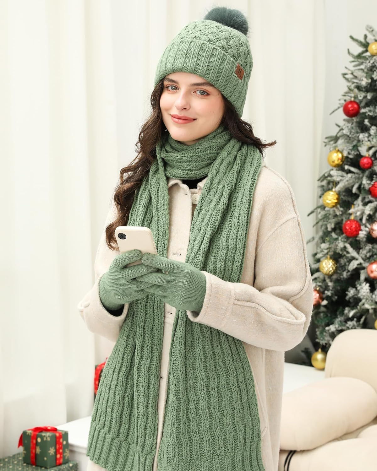 Womens Winter Beanie Hat Touchscreen Gloves Long Neck Scarf Set Warm Knit Caps with Pom Fleece Gifts for Women