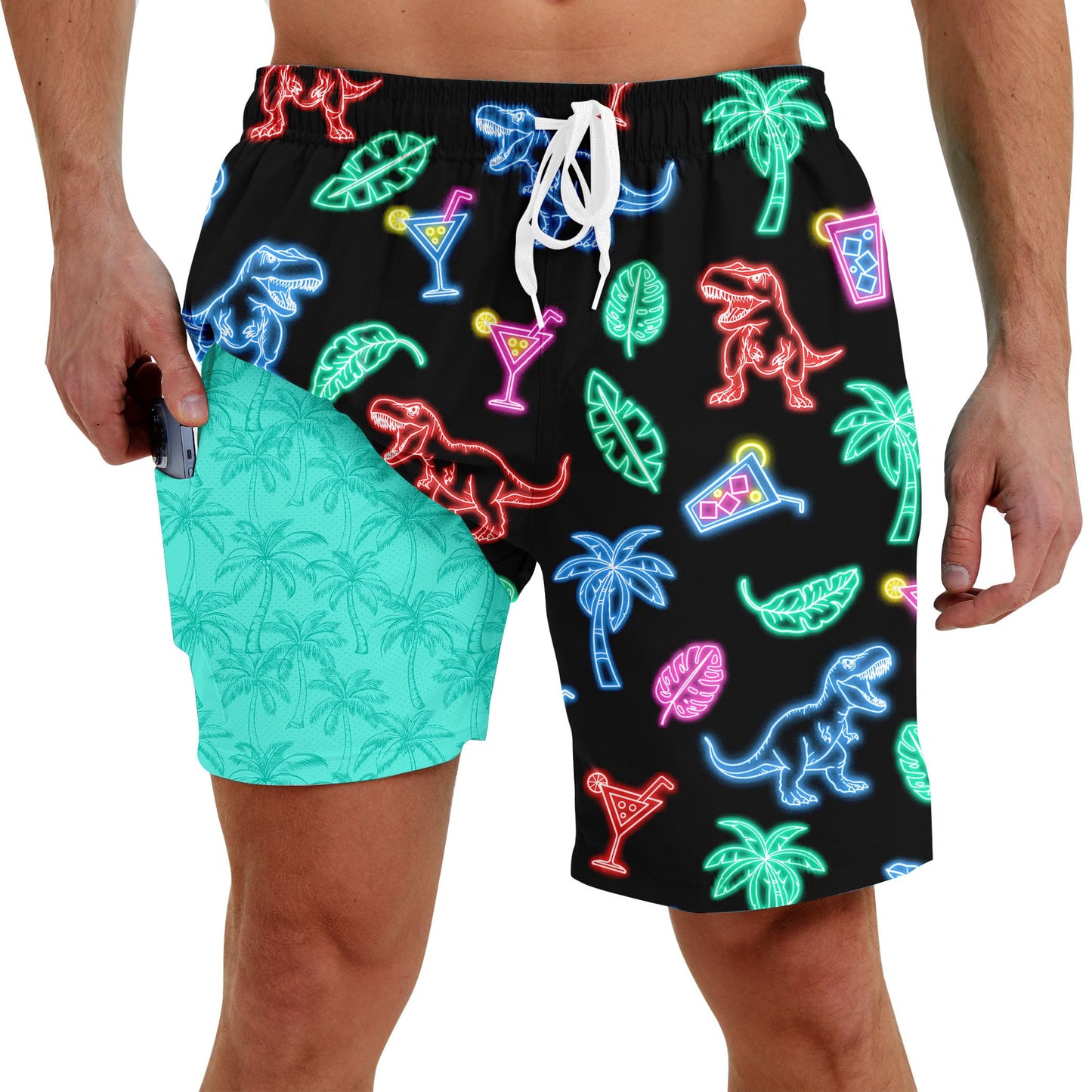 Men Swim Trunks with Compression Liner Men's 2 in 1 Bathing Suits 7 Inch Hawaiian Board Shorts