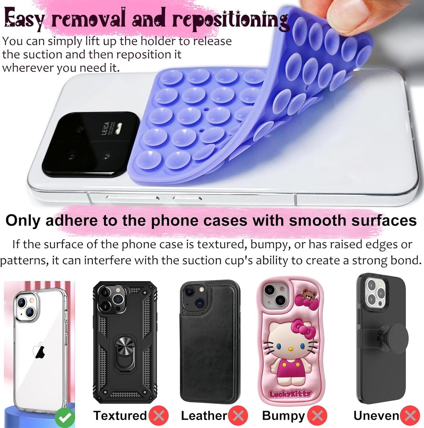 2 Pack Double Sided Silicone Suction Cup Phone Case Mount, Hands-Free Strong Grip Silicon Phone Holder for Selfies and Videos, Non Slip Phone Accessories (LightPink&Translucent)