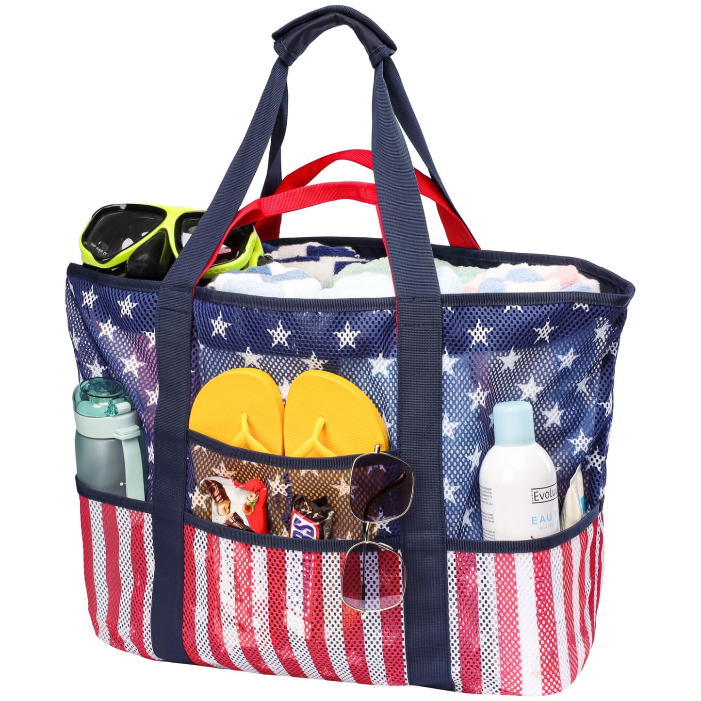 F-color Mesh Beach Bag Family - 9 Pockets Large Beach Tote for Cruise Vacation Essentials