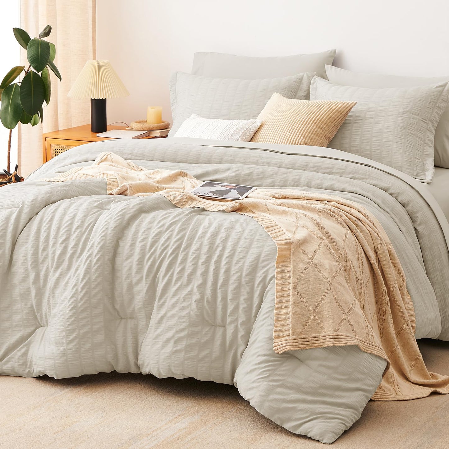 CozyLux Queen Comforter Set White Seersucker 7 Pieces Bed in a Bag Queen Comforter Set with Sheets, Luxury Soft Bedding Set with Down Alternative Comforter, Sheets, Pillowcases & Shams for All Seasons