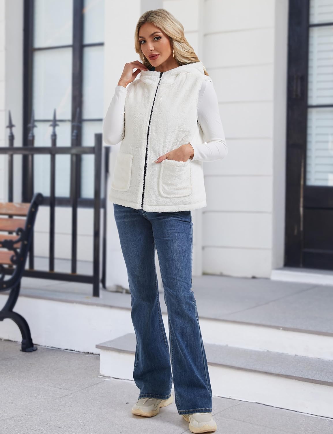 YUCOLEN Womens Puffer Vest Reversible Hooded Fleece Coat Quilted Zip Up Sleeveless Jacket Winter Outerwear with Pockets