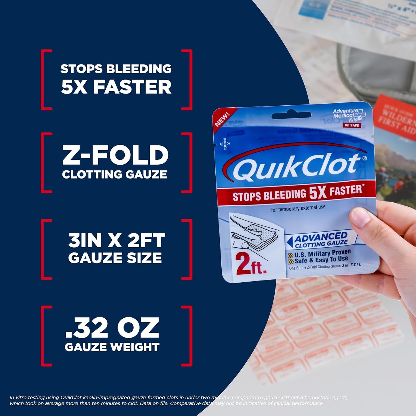 Adventure Medical Kits QuikClot Gauze - Flexible Hemostatic Medical Gauze for Emergency Survival or Disaster Preparedness Kits & More - Stops Bleeding Fast with Kaolin - 3" x 24"
