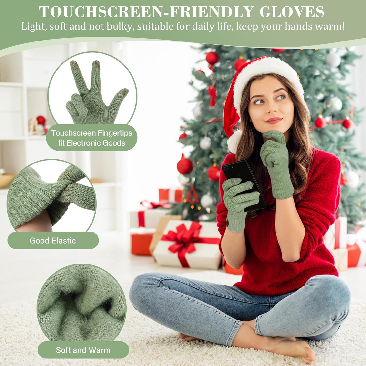 Womens Winter Beanie Hat Touchscreen Gloves Long Neck Scarf Set Warm Knit Caps with Pom Fleece Gifts for Women