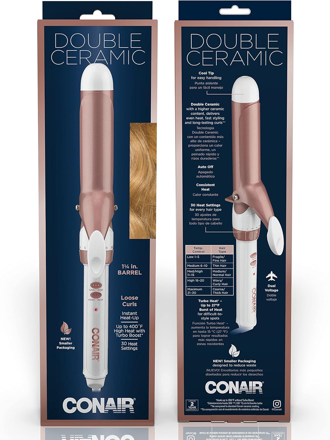 Conair Double Ceramic 1 1/4-Inch Curling Iron, 1 ¼ inch barrel produces loose curls – for use on medium and long hair