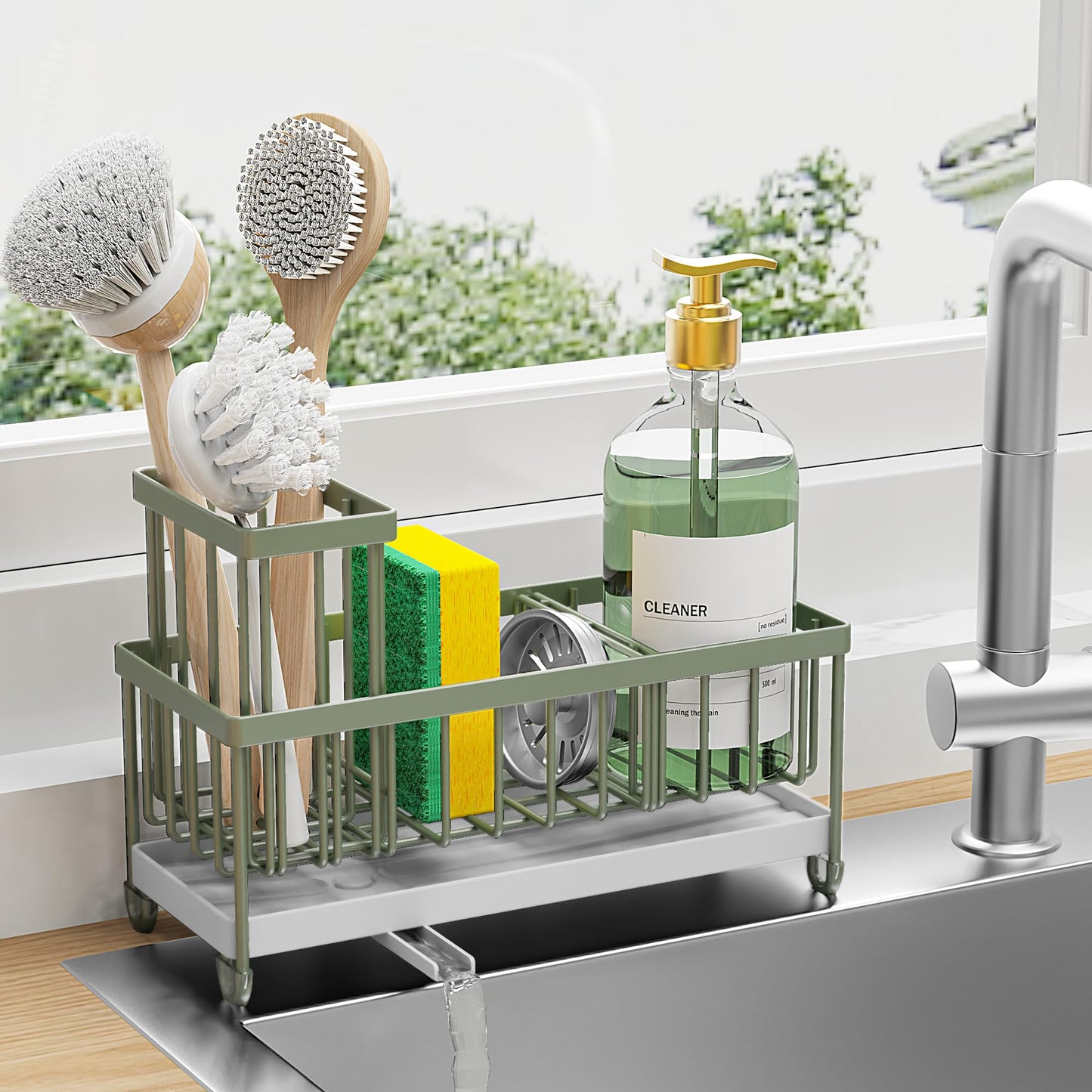 Cisily Black Sponge Holder for Kitchen Sink, Sink Caddy Organizer with High Brush Holder, Kitchen Countertop Organizers and Storage Essentials, Rustproof 304 Stainless Steel, Soap Dispenser Organize