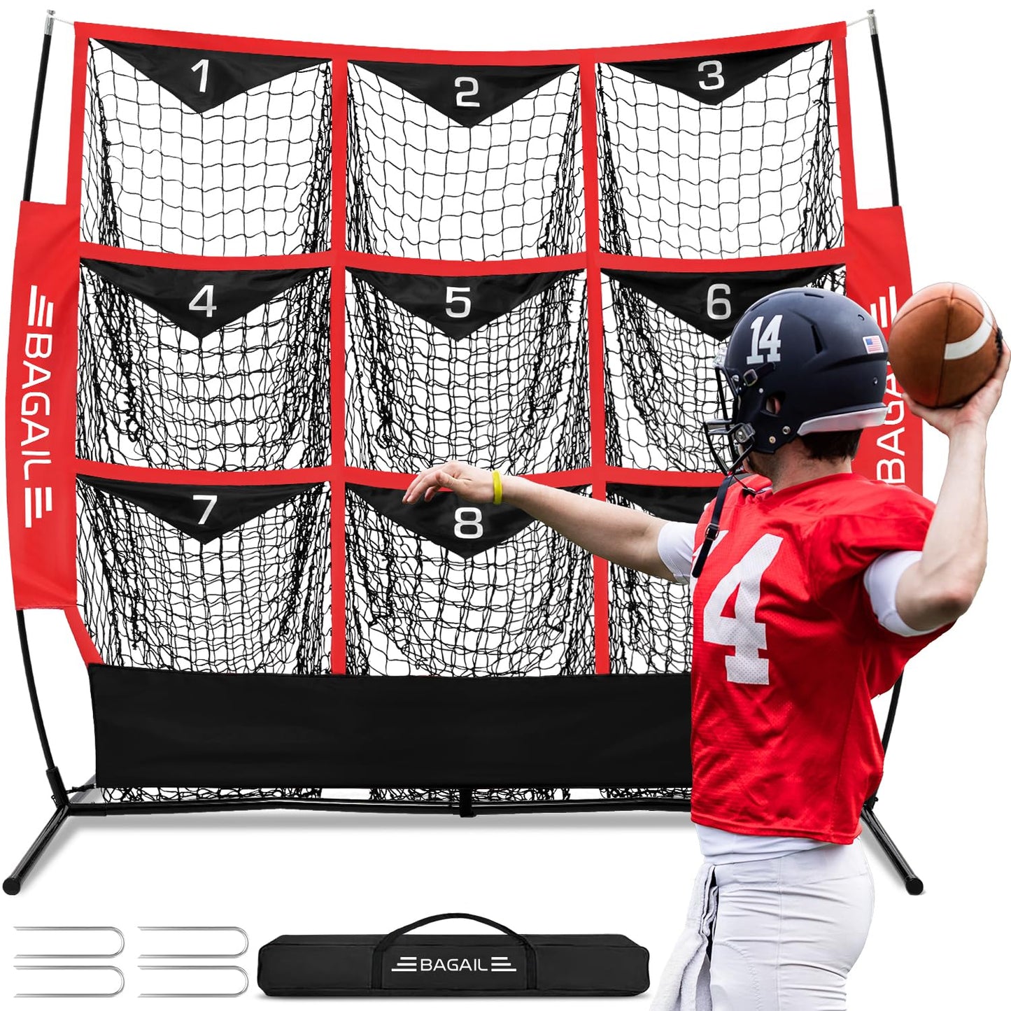 BAGAIL Football Throwing Net - 9 Target Pockets, Easy Setup, Heavy-Duty - Portable QB Accuracy Trainer, Fun Target Practice Net for Football with Carry Bag