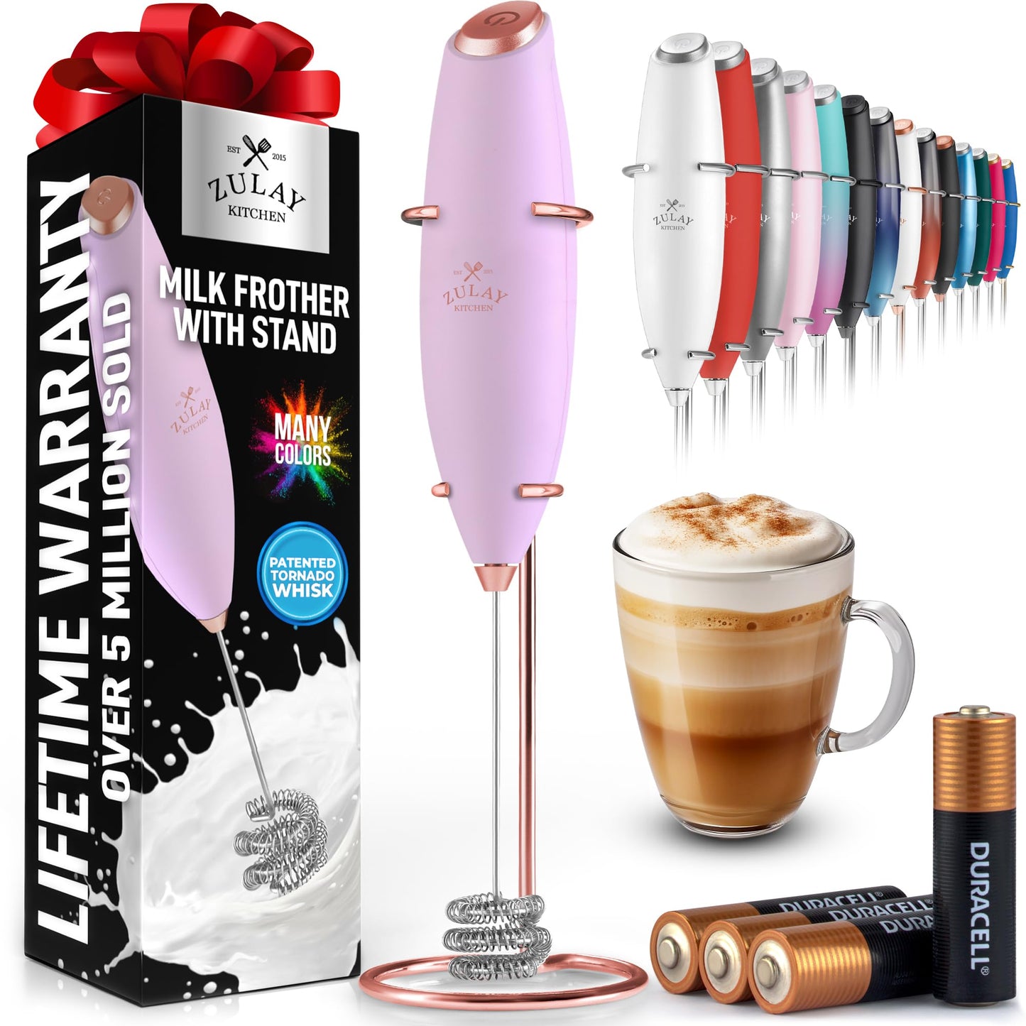 Zulay Kitchen Powerful Milk Frother Wand With 2 Duracell Batteries - Ultra Fast Handheld Drink Mixer - Electric Whisk Foam Maker for Coffee, Lattes, Cappuccino, Matcha, Hot Chocolate & Creamer - Black