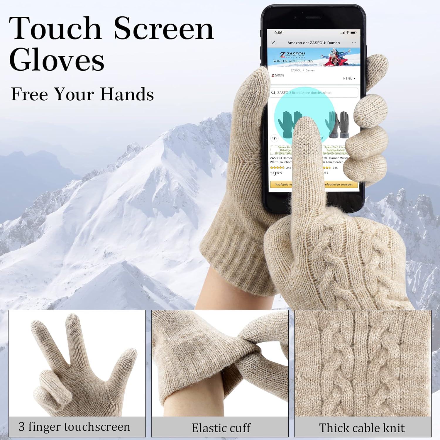 Womens Winter Beanie Hats Long Scarf Touchscreen Gloves Set Warm Knit Skull Caps Gifts for Women