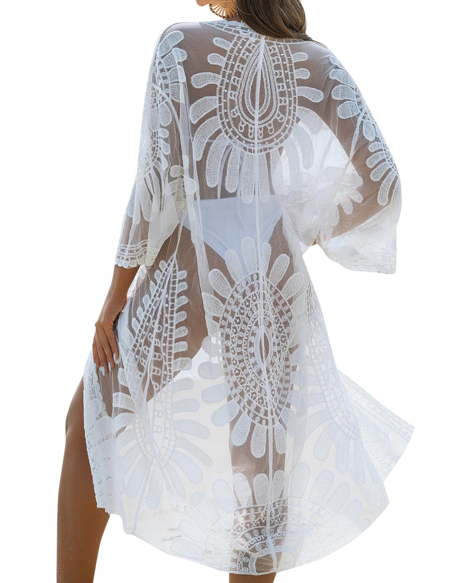 Blooming Jelly Womens Bathing Suit Cover Up 3/4 Sleeve Mesh Swimsuit Coverup Long Floral Beach Lace Kimono Summer Cardigan