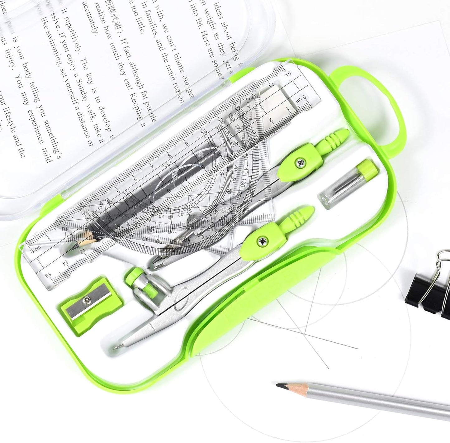 Math Geometry Kit Sets 10 Piece Student Supplies with Shatterproof Storage Box,Includes Rulers,Protractor,Compass,Eraser,Pencil Sharpener,Lead Refills,Pencil,for Drafting and Drawings(Green)