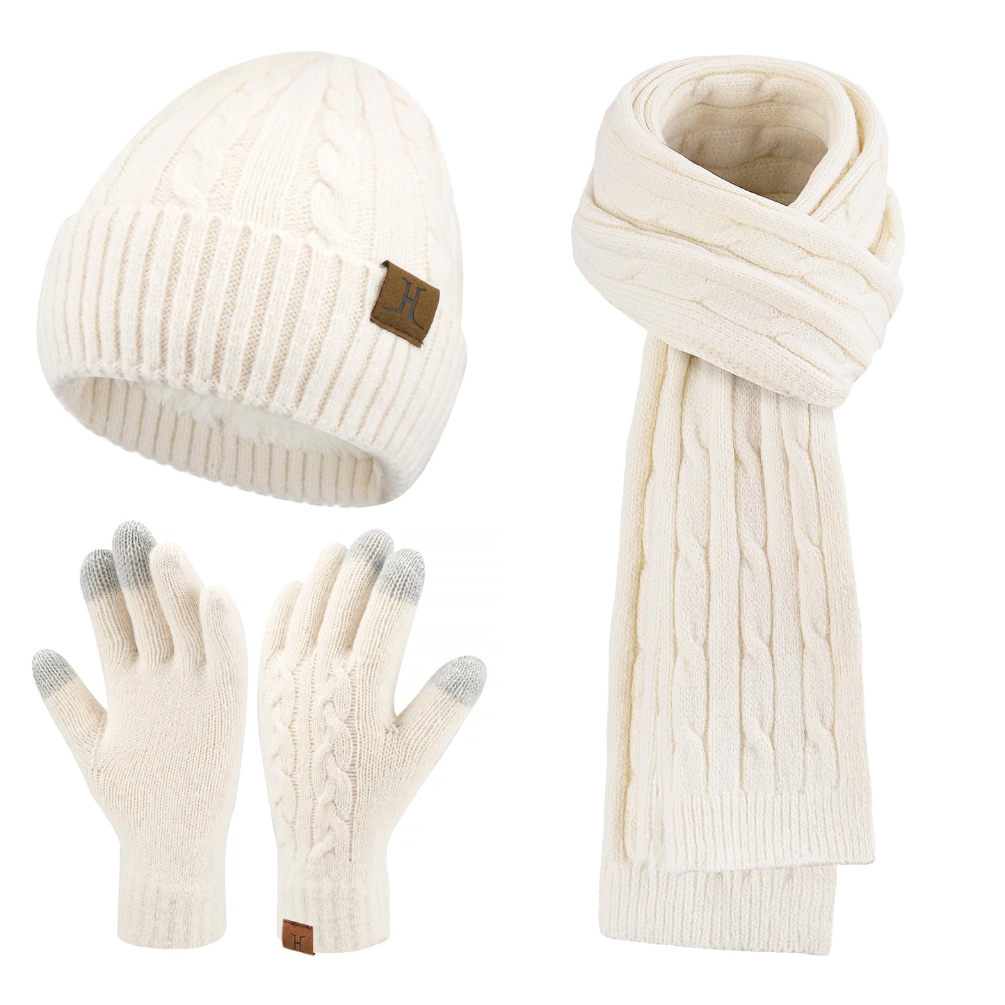 Womens Winter Beanie Hats Long Scarf Touchscreen Gloves Set Warm Knit Skull Caps Gifts for Women