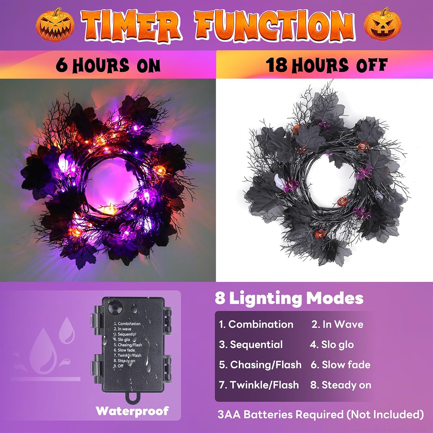 kuaima Halloween Light up Garland with 54 Purple and Orange LED Lights, 6.56 FT Lighted Willow Vine Twig Battery Operated for Indoor Decor, 8 Modes with Timer Function