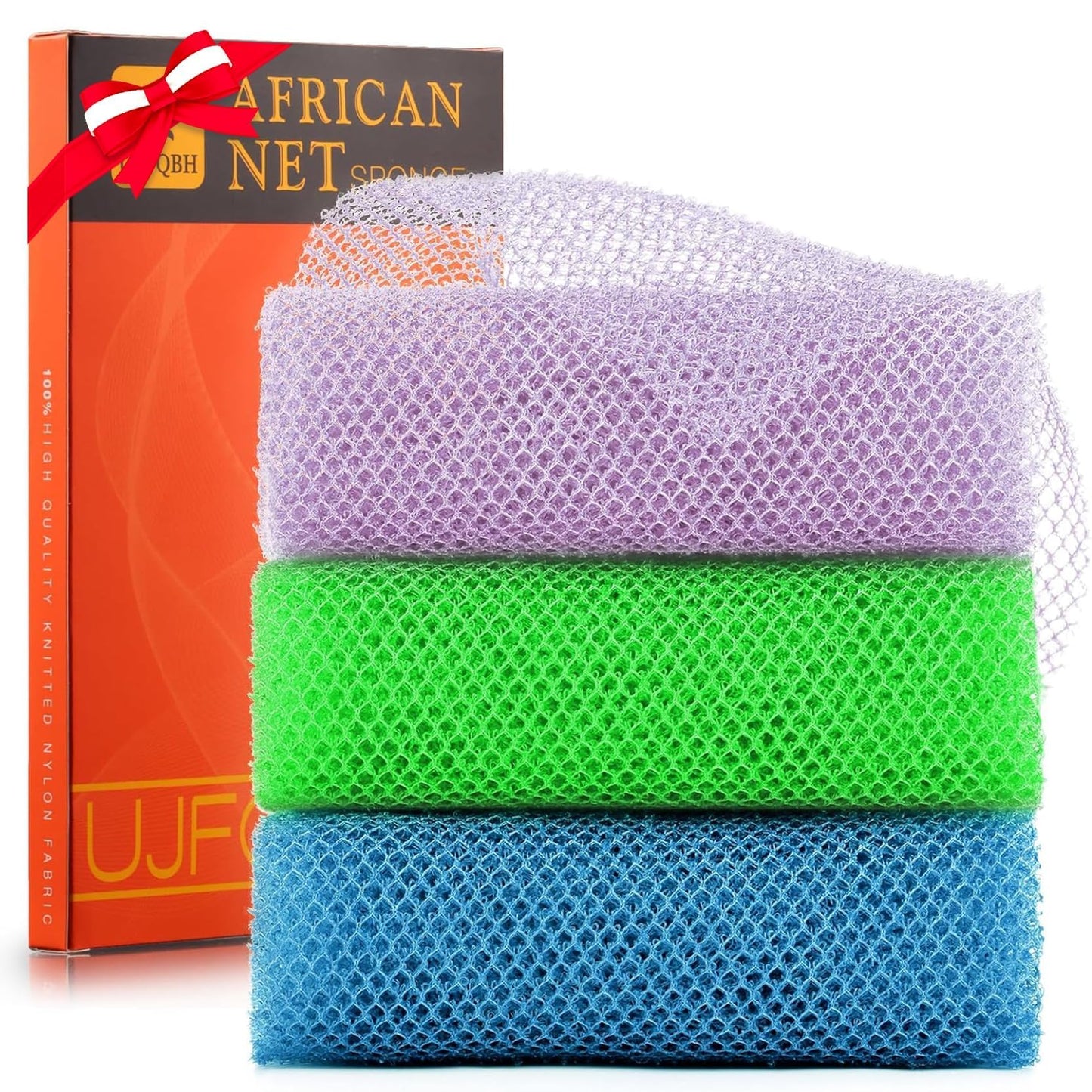 UJFQBH 3 Pieces African Bath Sponge African Net Long Net Bath Sponge Exfoliating Shower Body Scrubber Back Scrubber Skin Smoother,Great for Daily Use (Pink,Yellow,Purple)