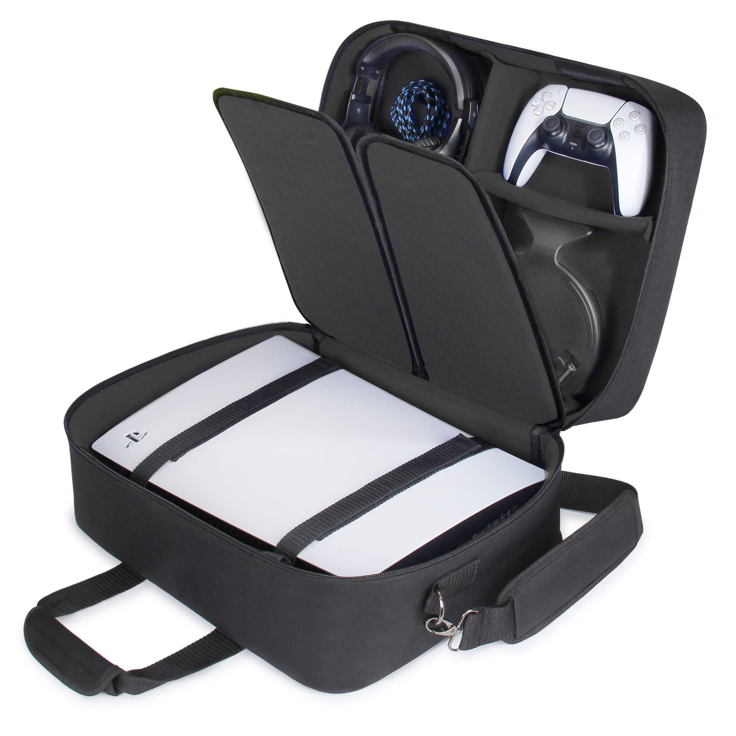 USA Gear PS5 Carrying Case - Travel Bag Compatible with PlayStation 5, PS5 Slim with Adjustable Interior - Shoulder Travel Case for Dualsense Controllers, Playstation 5 Games, Accessories