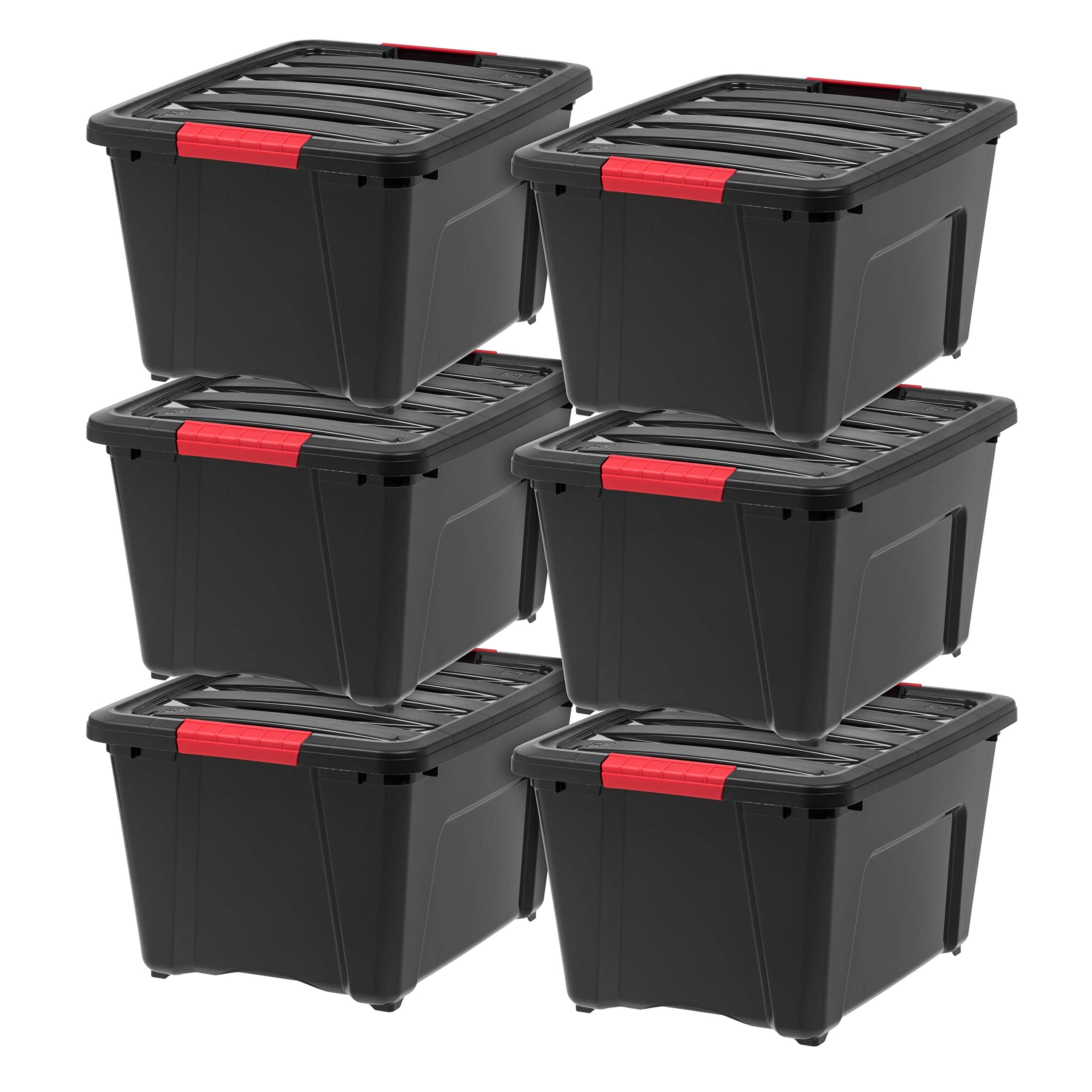 IRIS USA 13 Qt Stackable Plastic Storage Bins with Lids, 6 Pack - BPA-Free, Made in USA - Discreet Organizing Solution, Latches, Durable Nestable Containers, Secure Pull Handle - Pearl
