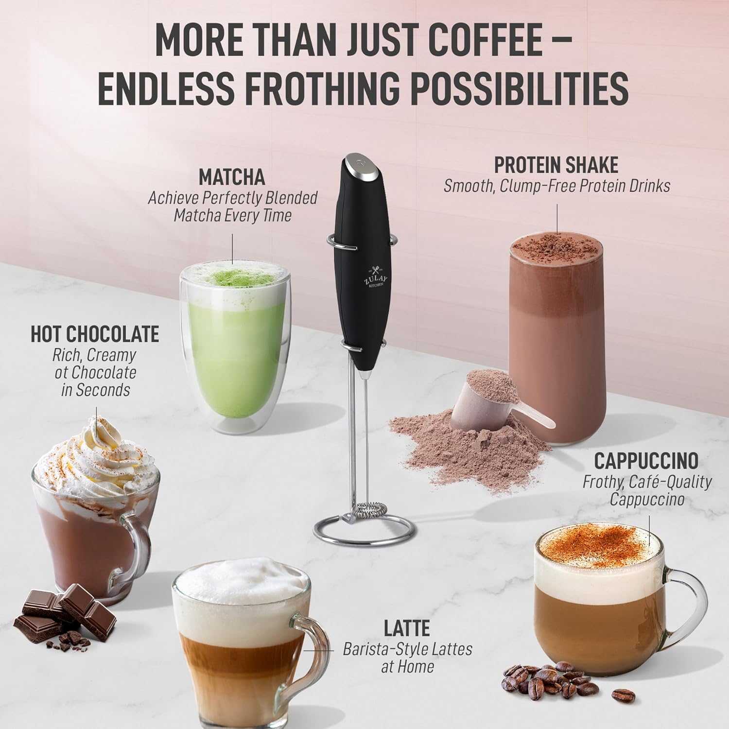 Zulay Kitchen Powerful Milk Frother Wand With 2 Duracell Batteries - Ultra Fast Handheld Drink Mixer - Electric Whisk Foam Maker for Coffee, Lattes, Cappuccino, Matcha, Hot Chocolate & Creamer - Black